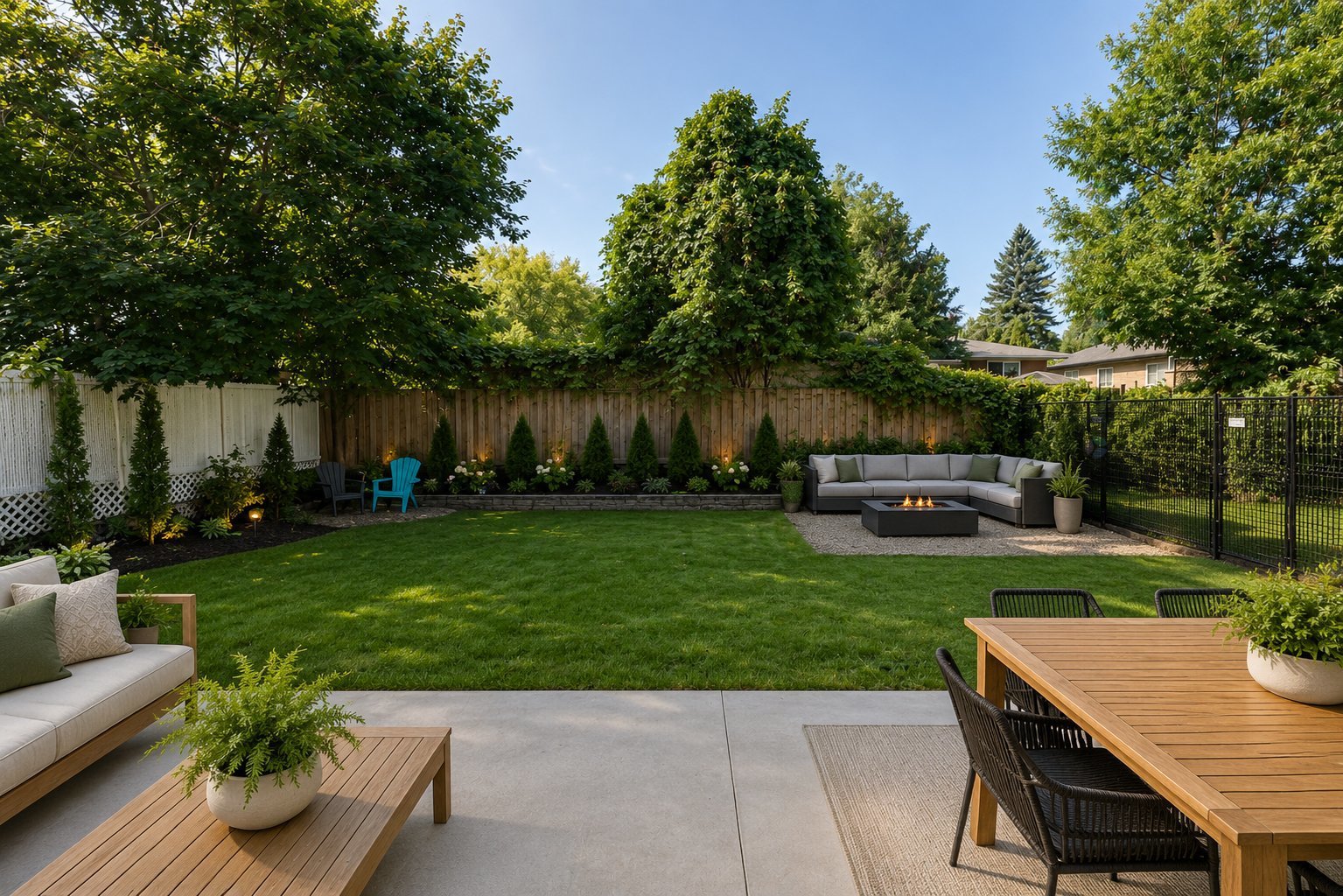 Landscaped backyard with lawn, fenced garden, outdoor sectional, fire table, patio sofa, and wooden dining table.