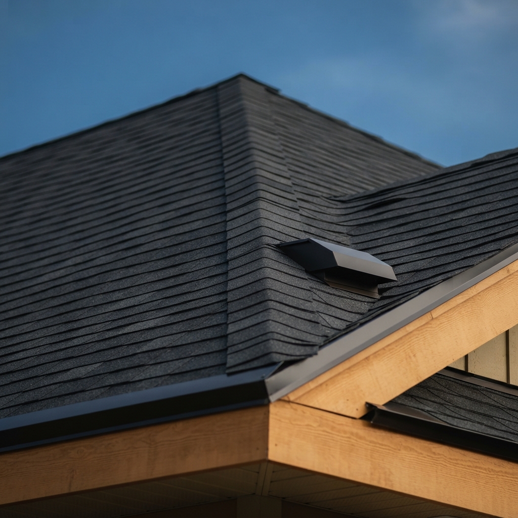 Close-up of a dark shingle roof with an angular vent, wood eaves, and blue sky.