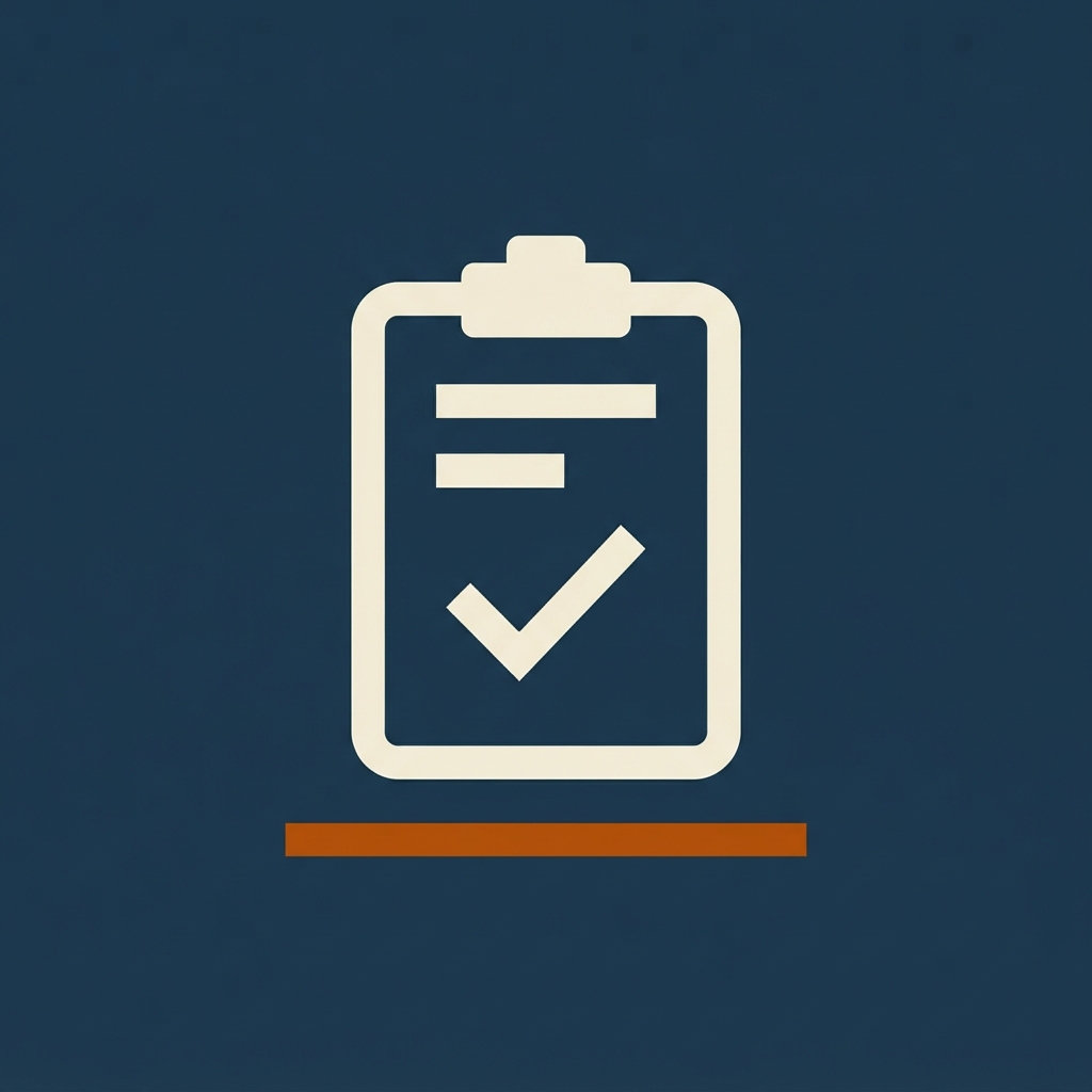 Cream clipboard with two blank lines and a check mark above an orange underline on a navy background.