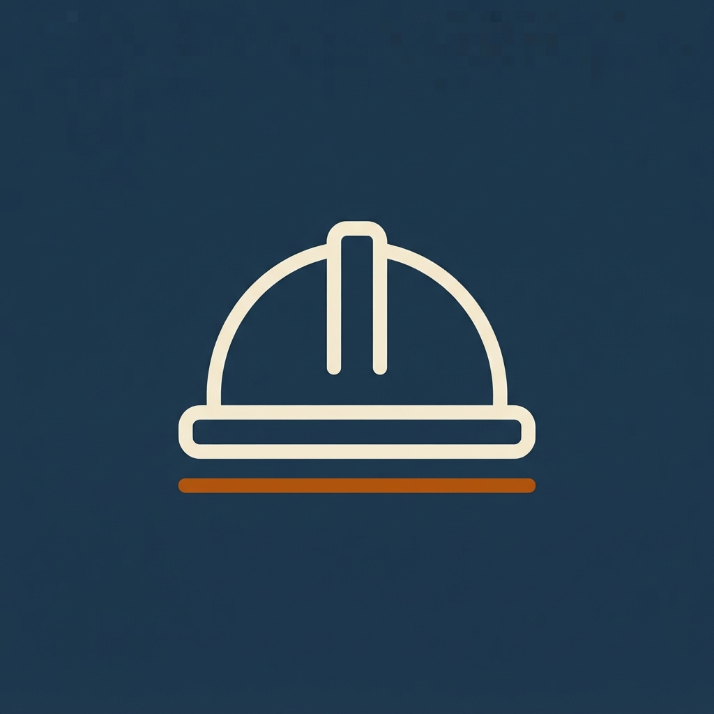 Cream construction hard hat icon centered on a dark navy background above an orange horizontal bar.