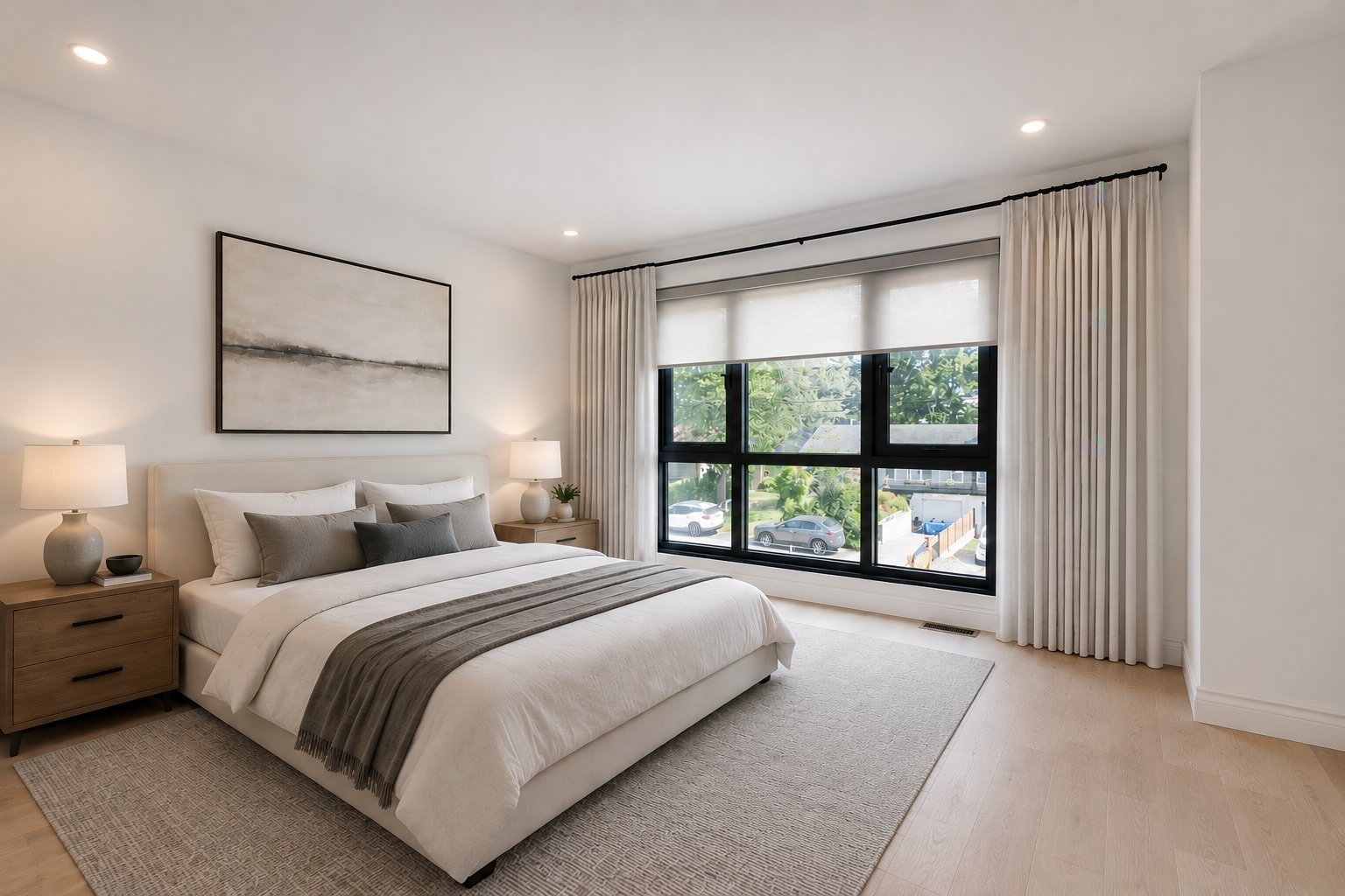 Bright modern bedroom with a neatly made bed, abstract wall art, nightstands, and a large curtained window.