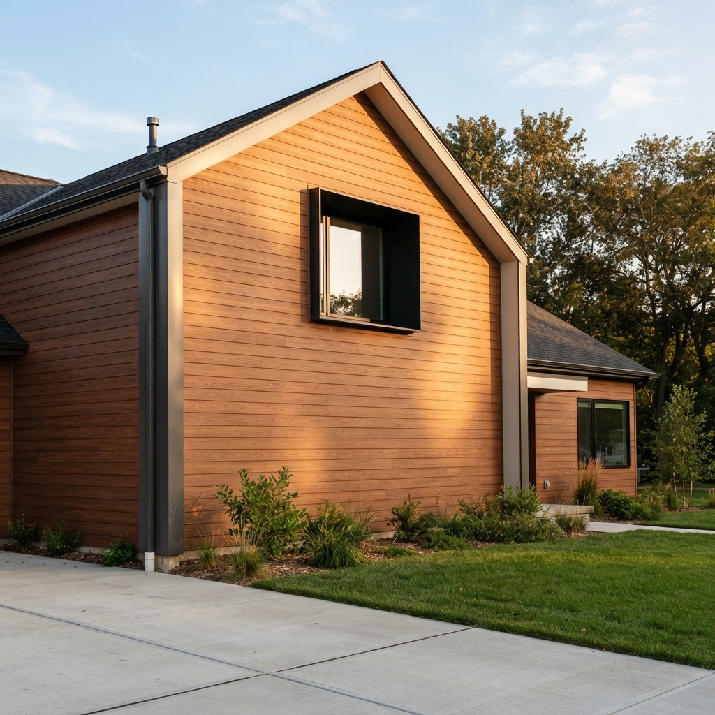 Modern wood-sided house with a gabled façade, dark-framed windows, lawn, driveway, and trees.