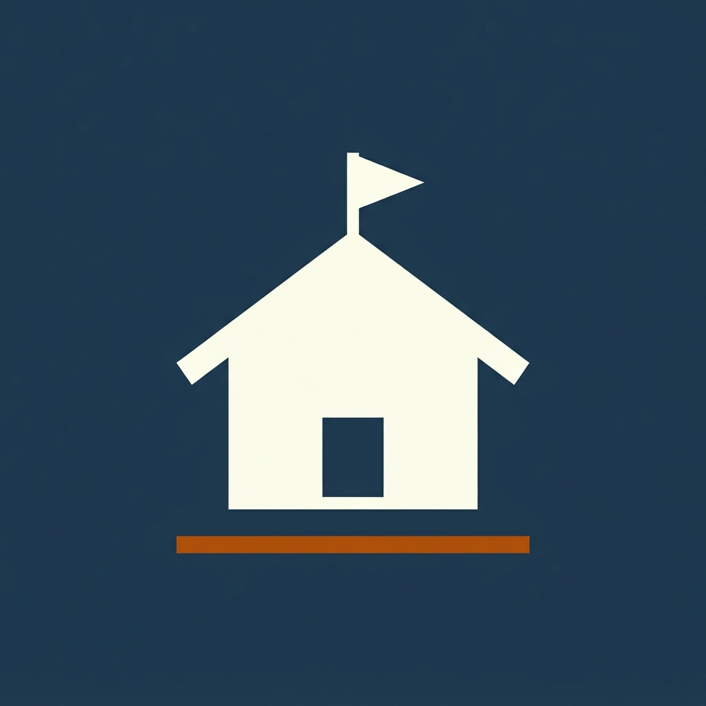 Cream house with a right-pointing flag on a dark blue background above an orange ground line.