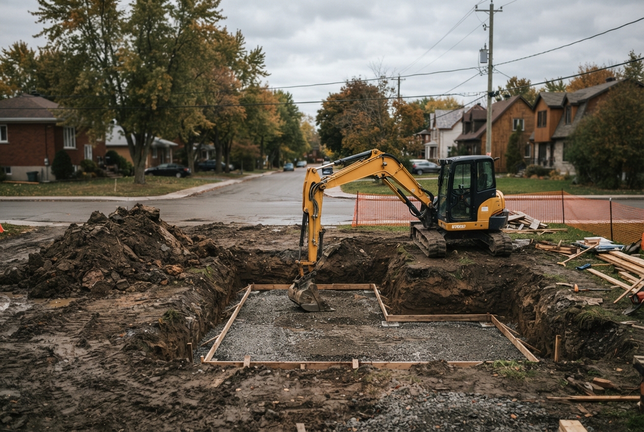 Yellow mini excavator works in a gravel-lined trench on a muddy residential street in autumn.