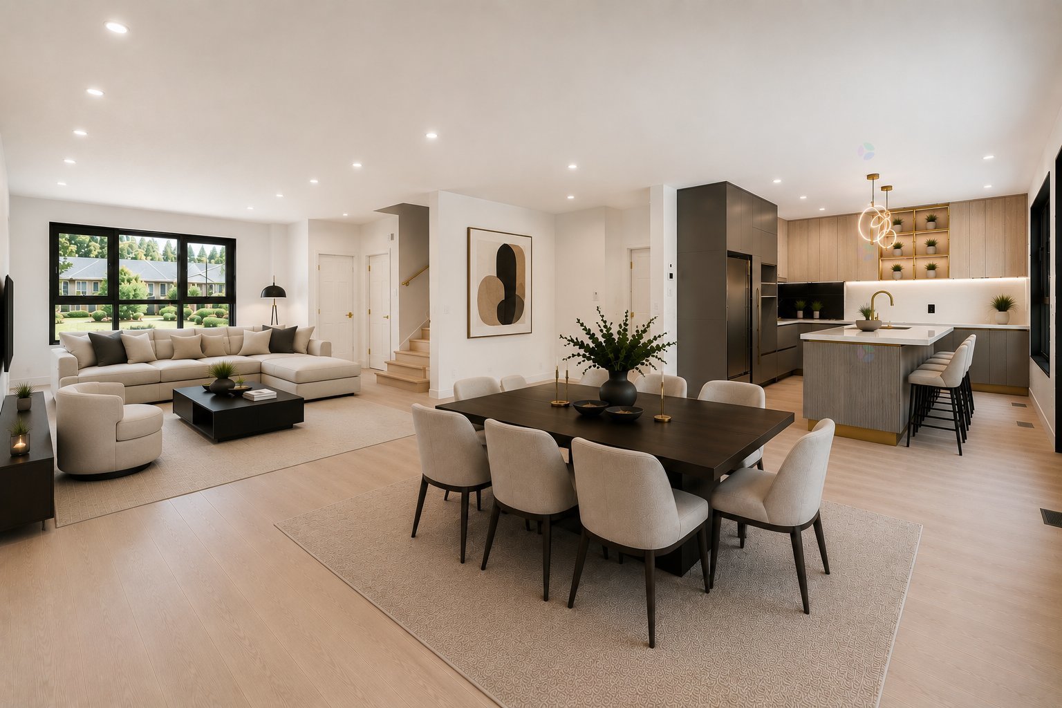 Contemporary open-plan living room, dining area, and kitchen with neutral furnishings, wood floors, and large windows.