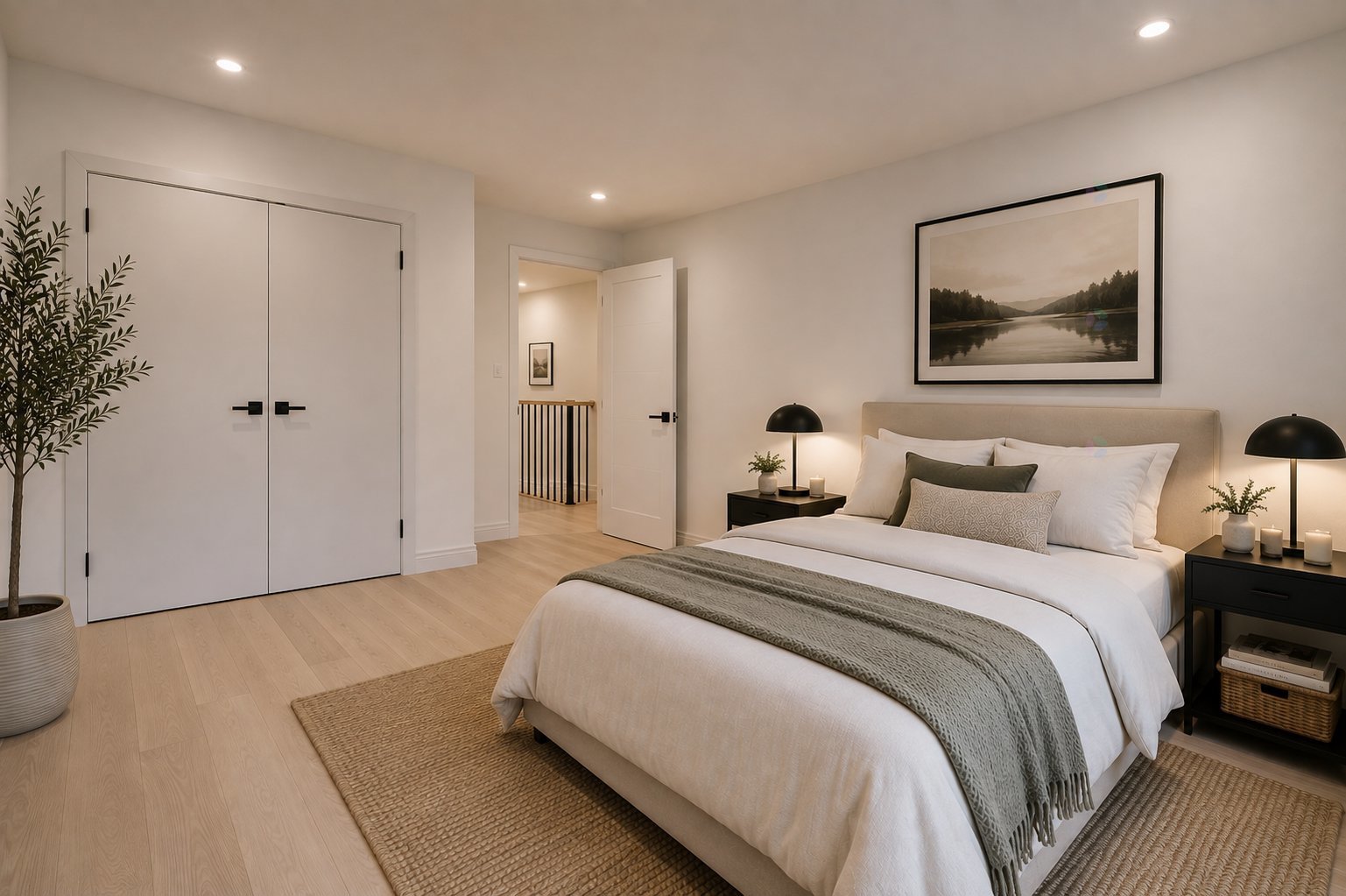 Warmly lit neutral bedroom with a made bed, framed lake landscape, nightstands, plants, and an open doorway.